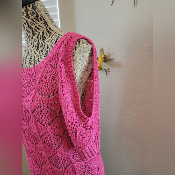 Vintage Candies Hot Pink Knit Tinsel Sweater with Open Sleeves (Size Large) - Picture 3 of 5